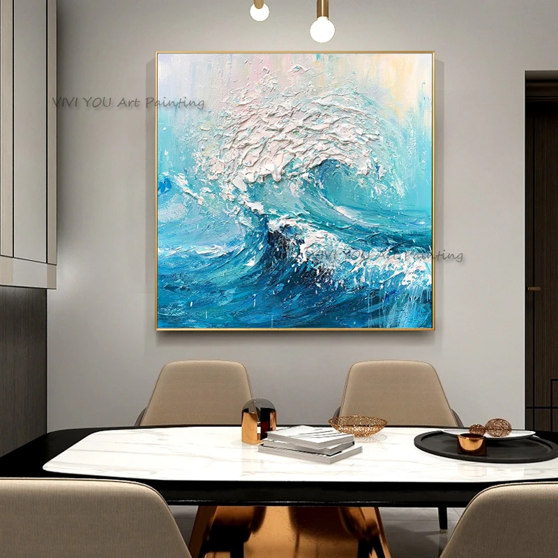 Handpainted Blue Beach Theme Painting Modern Seascape Oil Painting Waves Landscape Ocean Painting On Canvas Wall Art