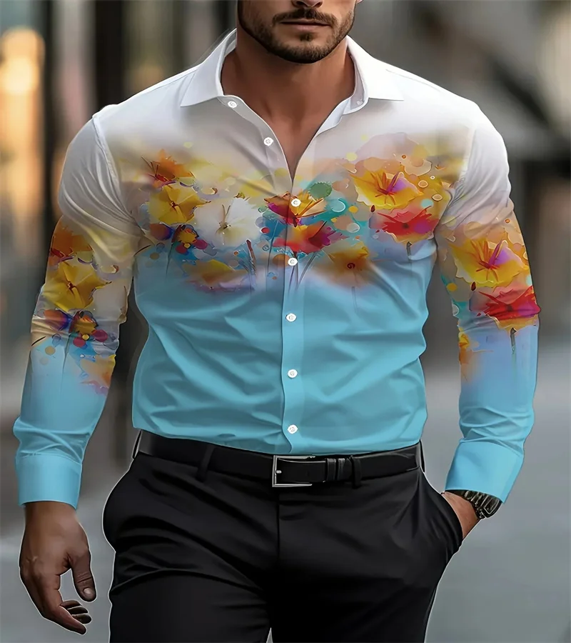 

Funny 3D Flower Print Men's Shirt Casual Lapel Button Long-Sleeved Shirt Street Fashion Loose Tops Autumn High Quality Clothing