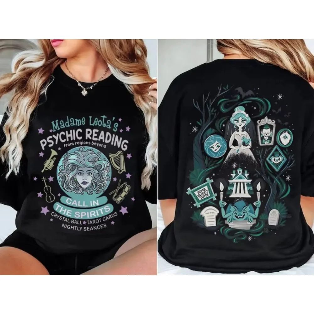 Retro 2-zijdige Disney Halloween Madame Leota Haunted Mansion Shirt Psychic Readings Foolish Mortals Dames Heren Katoenen T-shirt