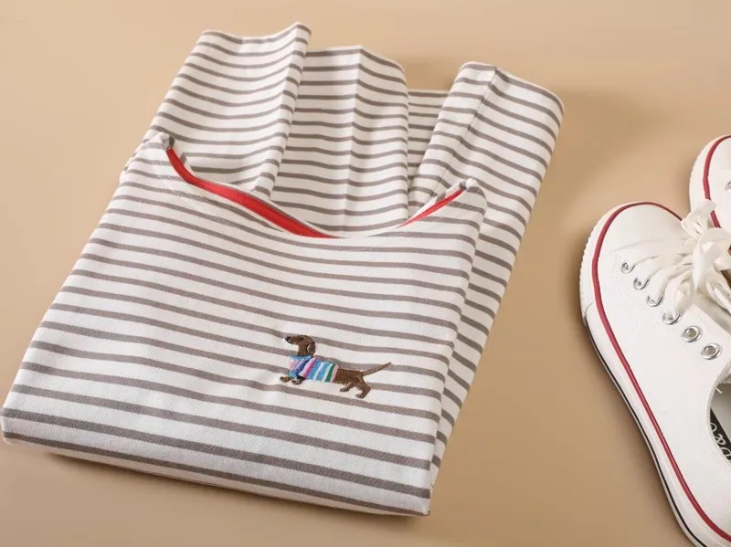 Dachshund Embroidered Stripesd Round Neck Women's Pure Cotton Long-Sleeved T-Shirt Spring & Fallжug Bet Футбо (30) Впылоску