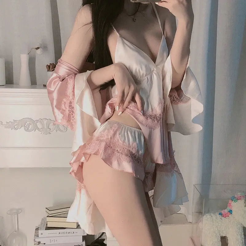 

Lady Romantic Satin Nightdress Princess Pajamas Set Ruffles Gradient Cami&short Sexy Hollow Out Lace Nightwear Flare Sleeve Robe