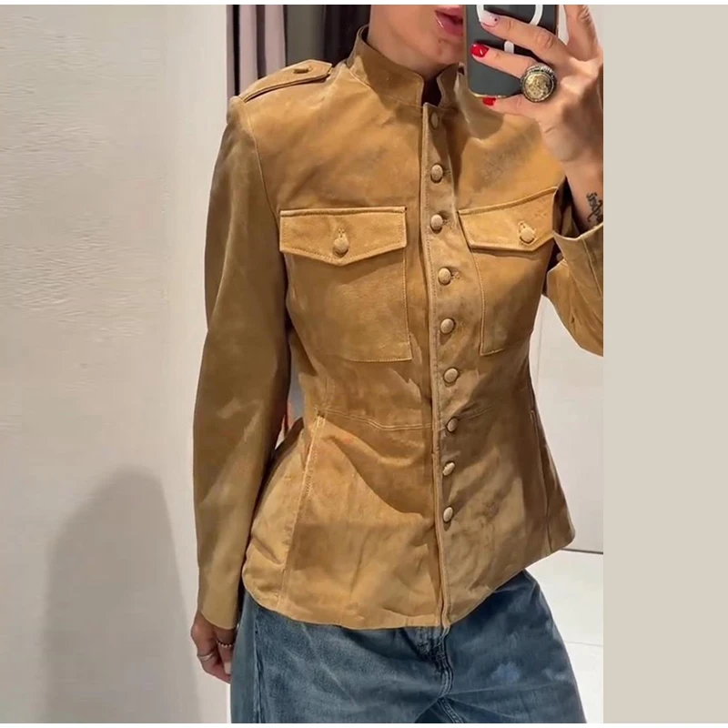 2026 Herbst Vintage Einreihige Jacken Damen Einfarbig Stehkragen Taschen Langarm Mantel Damen Freizeit-Oberbekleidung – Detail 1