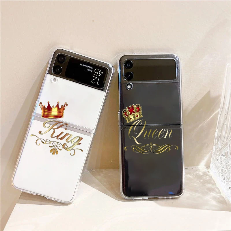 Couple Cartoon Crown king Queen Fashion Phone Case For Samsung Galaxy Z Flip 3 4 5 6 7 Hard Folding Z Flip4 Clear PC Cover Gift