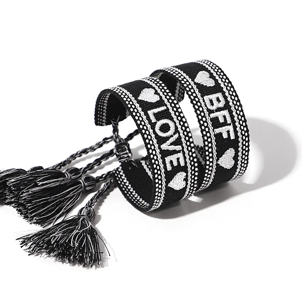 

ALLYES Vintage Letter Heart Love Embroidery Woven Bracelet Black Cotton Fabric Knitted Tassel Bracelets Valentine's Day Gifts