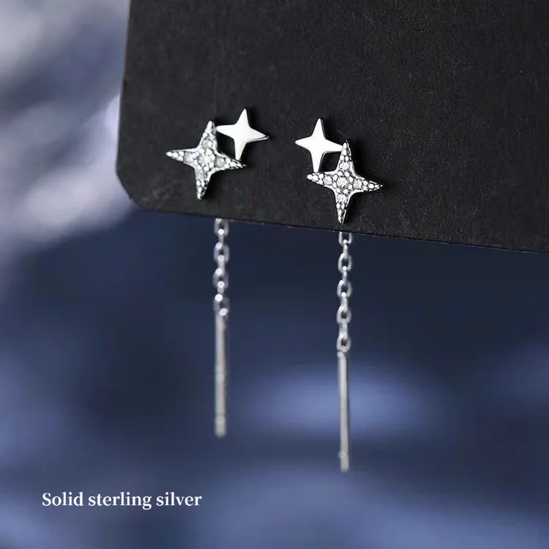 999 Silver Double-Star Stud & Threader Earrings – Niche Luxury Design, Versatile Everyday Statement Jewelry for Women