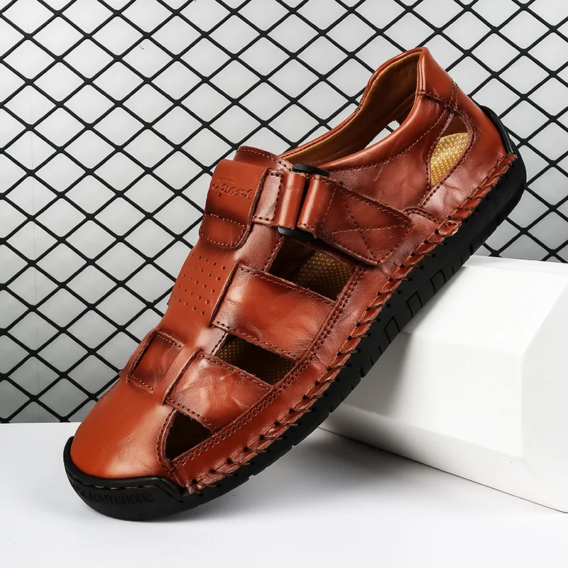 2025 New Men's Handmade Leather Sandals Flat Sandals Fashion Men's Suitable for Beach Vacation Summer Brown Non-slip Sandals - Detail 1