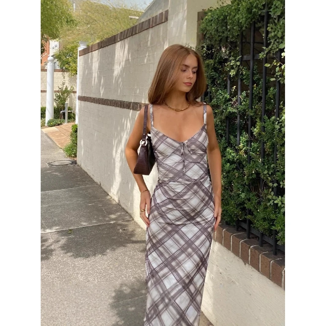 

Retro Polka Dot Slim Fit Dress Plaid High Waist Wool Blend Sleeveless Travel Friendly Fashion Style Step Skirt Doll Collar