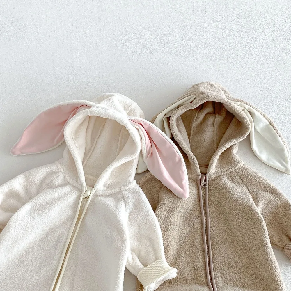 Cute Newborn Baby Romper 0-2Years Infant Boy Girl Long Sleeve Bunny Ear Hooded Jumpsuit Warm Fleece Autumn Winter Clothes