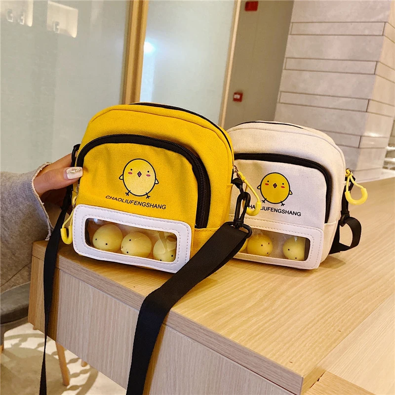 New Cute Cartoon Chicken Canvas Shoulder Bags for Women Mini Crossbody Bag Transparent Window Mobile Phone Bag Lady's Square Bag