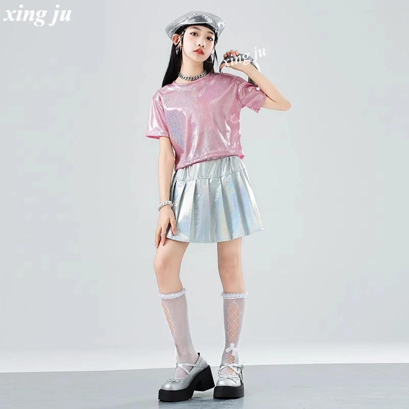 Conjuntos de Hip Hop para niñas, Top corto rosa brillante para baile callejero, Falda plisada plateada, ropa de calle para niños, disfraz de Jazz, ropa para espectáculo en escenario
