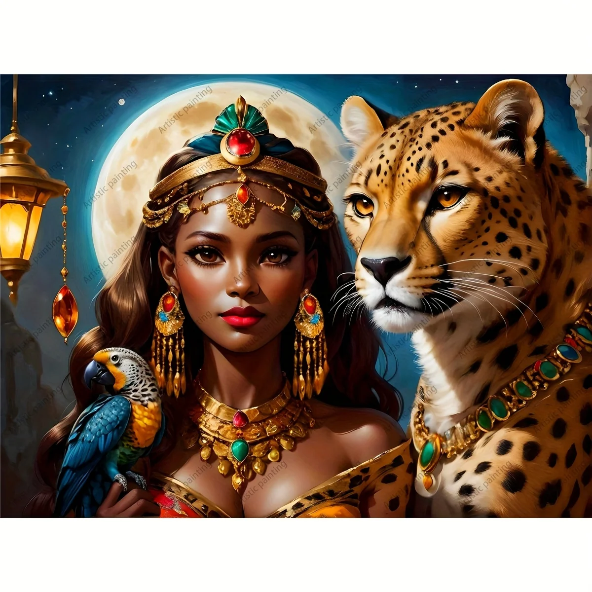 

Пазлы 1000/1314/520 шт. — яркие африканские произведения искусства с леопардом и женщиной в традиционном наряде, разноцветные бусины и перьях