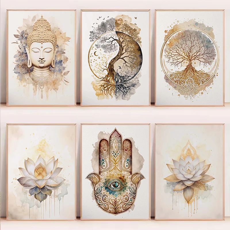 Nordischer Baum des Lebens & Buddha Leinwanddrucke Modernes buddhistisches Lotus & Tai Chi Yoga Wandkunst Poster für Wohnzimmer Spirituelles Dekor