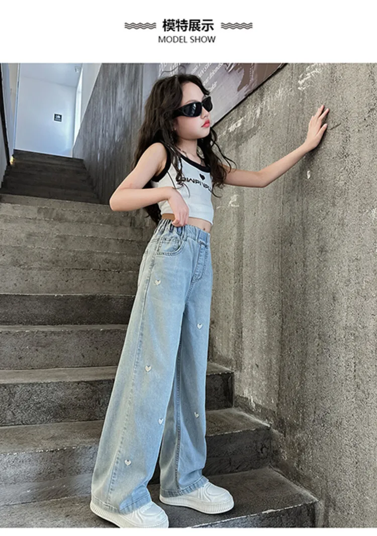 Neue Sommer-Jeans für Mädchen, leicht und atmungsaktiv, mit kleiner Herz-Stickerei, mückensichere Hose für Teenager-Mädchen im Alter von 4 bis 14 Jahren – Detail 7