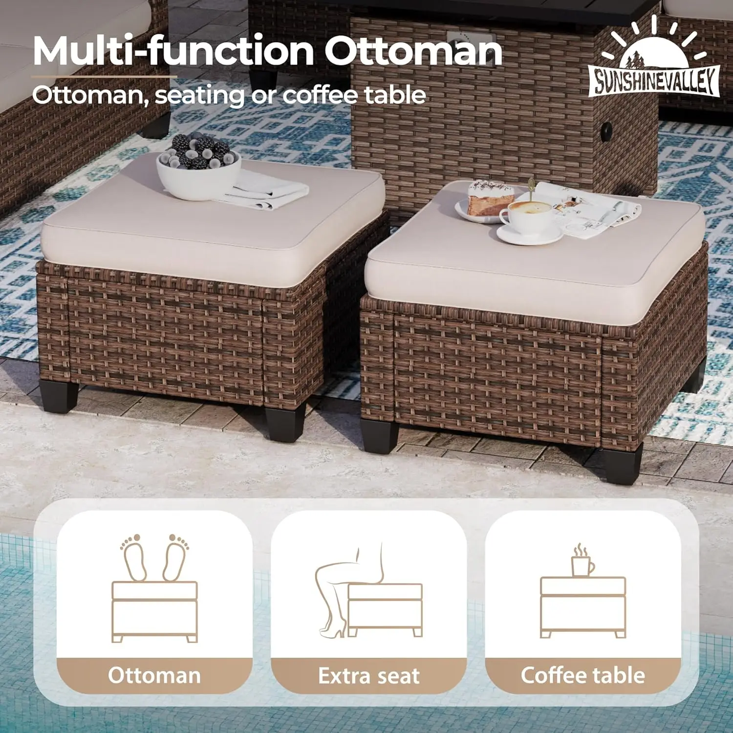 Set percakapan teras furnitur luar ruangan Set rotan anyaman coklat dengan mebel berbagian bantal