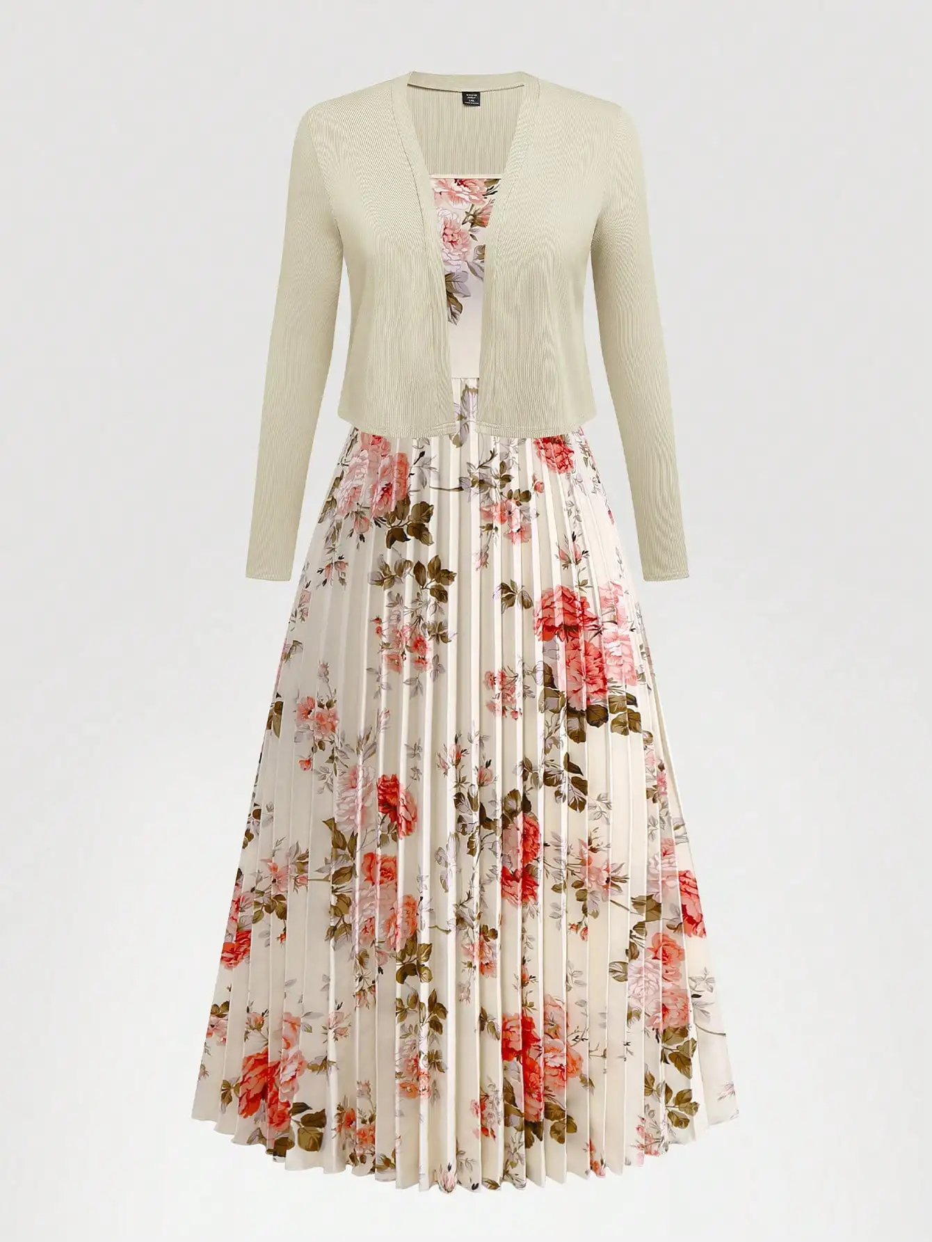 Elegantes, geblümtes, plissiertes Midikleid mit Strickjacke für Dates, Valentinstag und Freizeitaktivitäten.