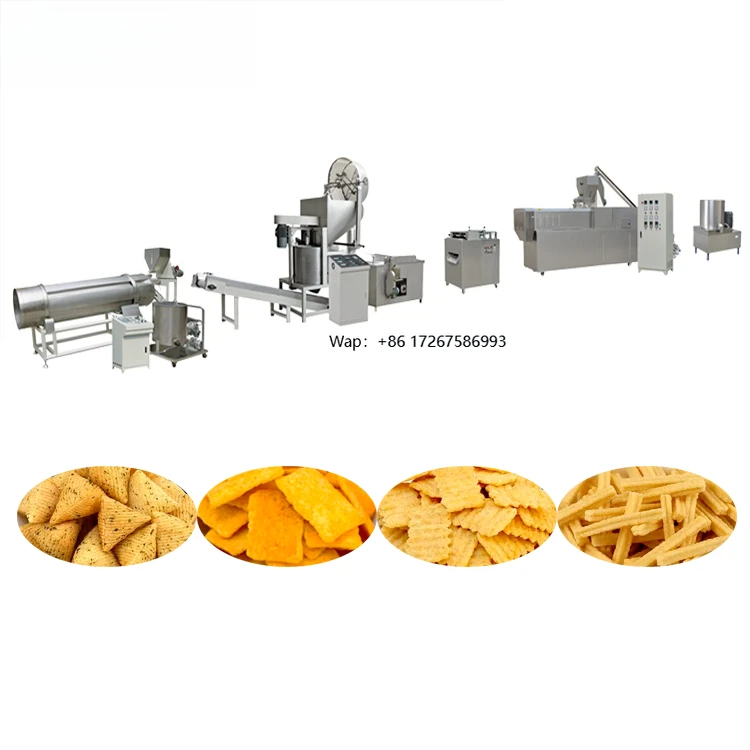 خط تجهيز الأطعمة للوجبات الخفيفة المنتفخ الأوتوماتيكي آلة رقائق دقيق القمح المقلي تتميز بخلاط ومقلاة لمنتجات الحبوب