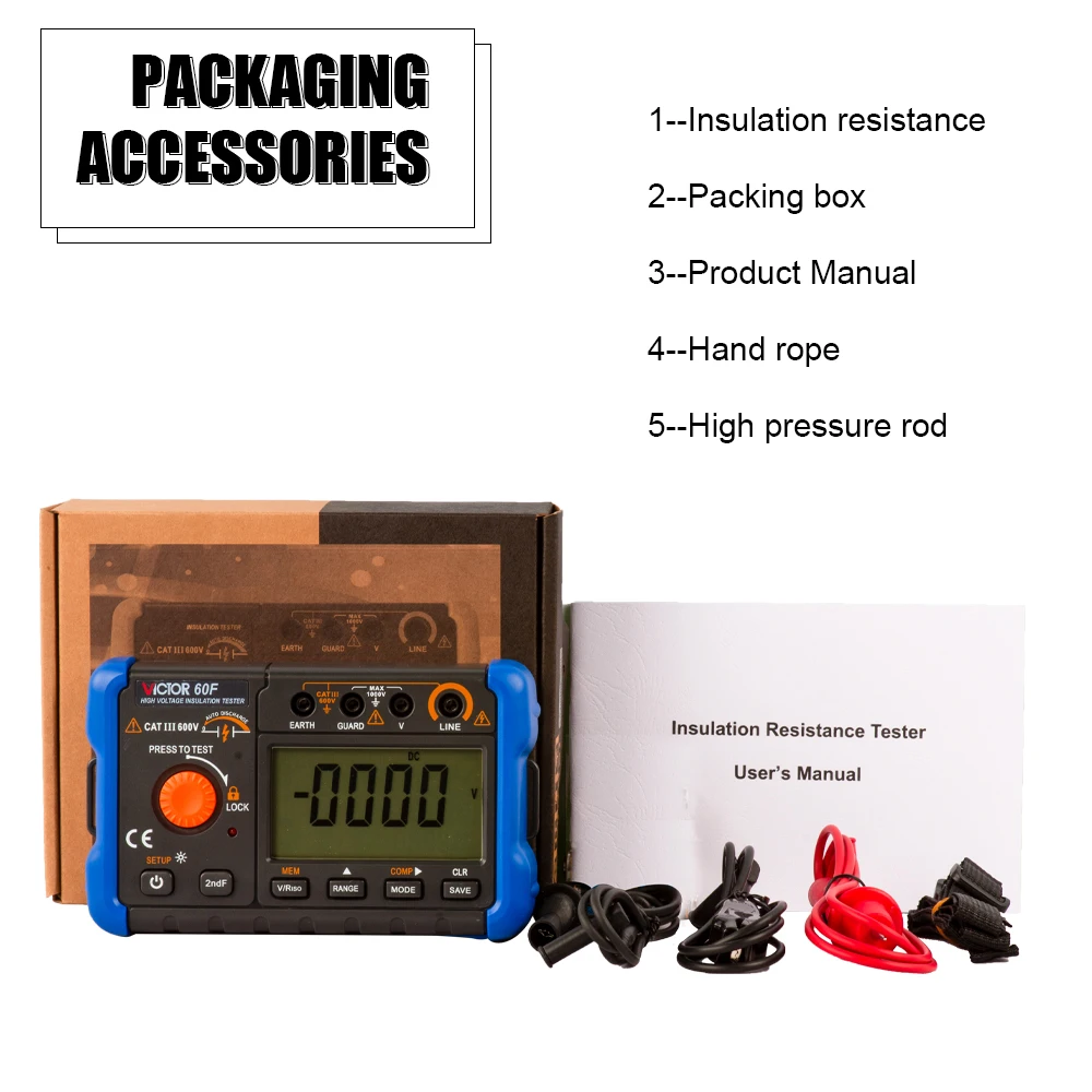 Victor 60F High Voltage Insulation Tester 50V 100V 250V 500V 1000V 2500V Motor Cable Ohm Megommeter 99.9GΩ Digital Megohmmeter