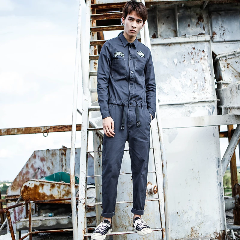 

Spring Autumn Unisex Retro Workwear Overalls Long Sleeve Grey Label Durable Anti-stain Set Youthful Vitality Style Slim Fit