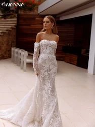 Graceful Off The Shoulder Wedding Dress Sparkly Appliques Pearl Bridal Gown 2025 Mermaid Bride Robe Customized Vestidos De Novia