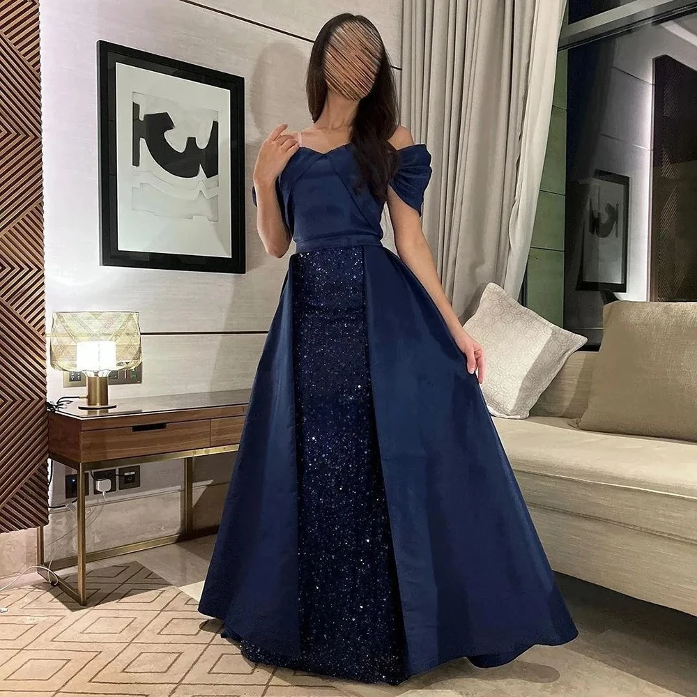 Customized Fashion Navy Blue A-line Evening Dress Sweet Heart Off The Shoulder Sequined Formal Pleat Party Prom Gowns