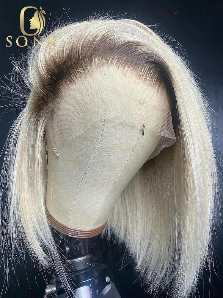 Colored Dark Root White Platinum Ash Blonde Straight Bob 13x6 13x4 Lace Frontal Wig Human Hair Pre Plucked Brazilian Remy Wig