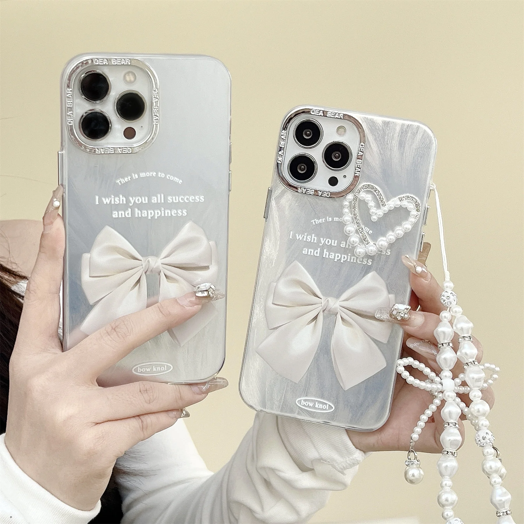 

Luxury Korean Cute Pearl Love Heart Bow Bowknot Phone Case with Bracelet Chain for iPhone 11 12 13 14 15 X Pro Max Back Cover