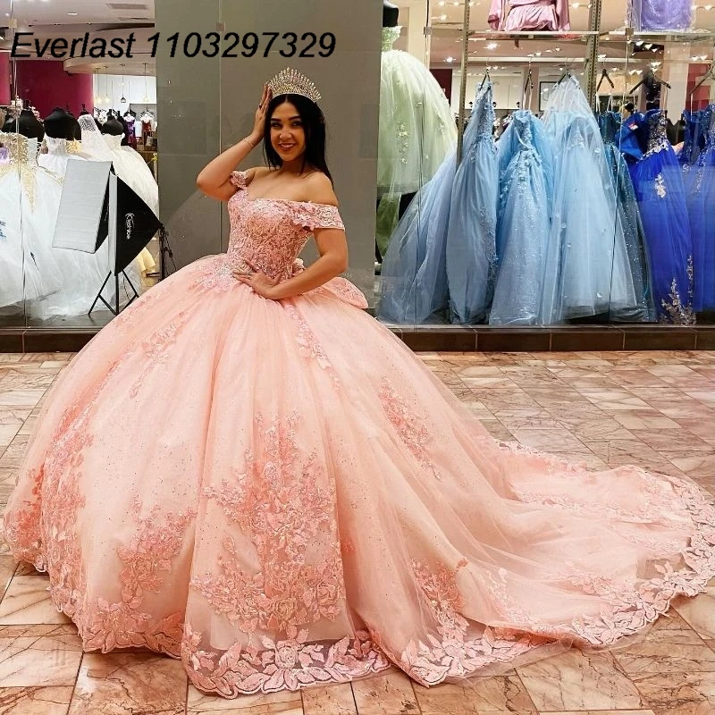 

EVLAST Customized Pink Quinceanera Dress Ball Gown Lace Applique Beaded Bow Corset Mexico Sweet 16 Vestidos De XV 15 Anos TQD653