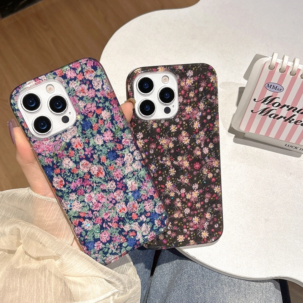 Retro Oil Painting Glitter Colorful Little Flowers Shockproof Protective Phone Cover Case for iPhone 17 16 15 14 13 Pro Max Air