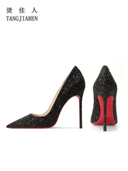 2024 Fashion New Glitter Ultra High Heels Women's Black Red Bottom Shallow Mouth 12cm Sexy Pointed Single Shoes