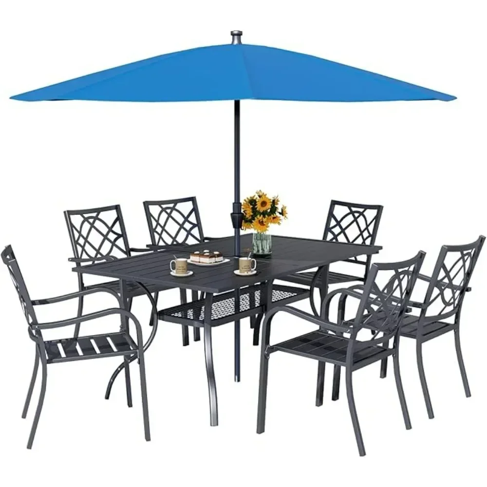 7-Piece Outdoor Wrought Iron Chairs and Table Dining Furniture Set for Garden Backyard Deck