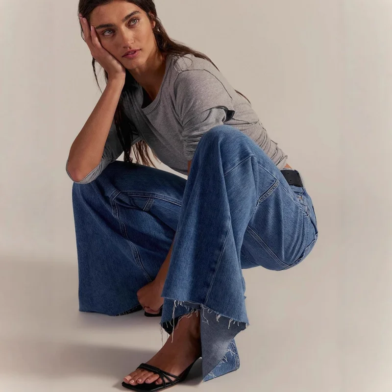 플레어 팬츠 여성용 바닥 길이 바지 유럽 및 미국 스타일 패치워크 청바지 하이웨이스트 패션 롱 팬츠