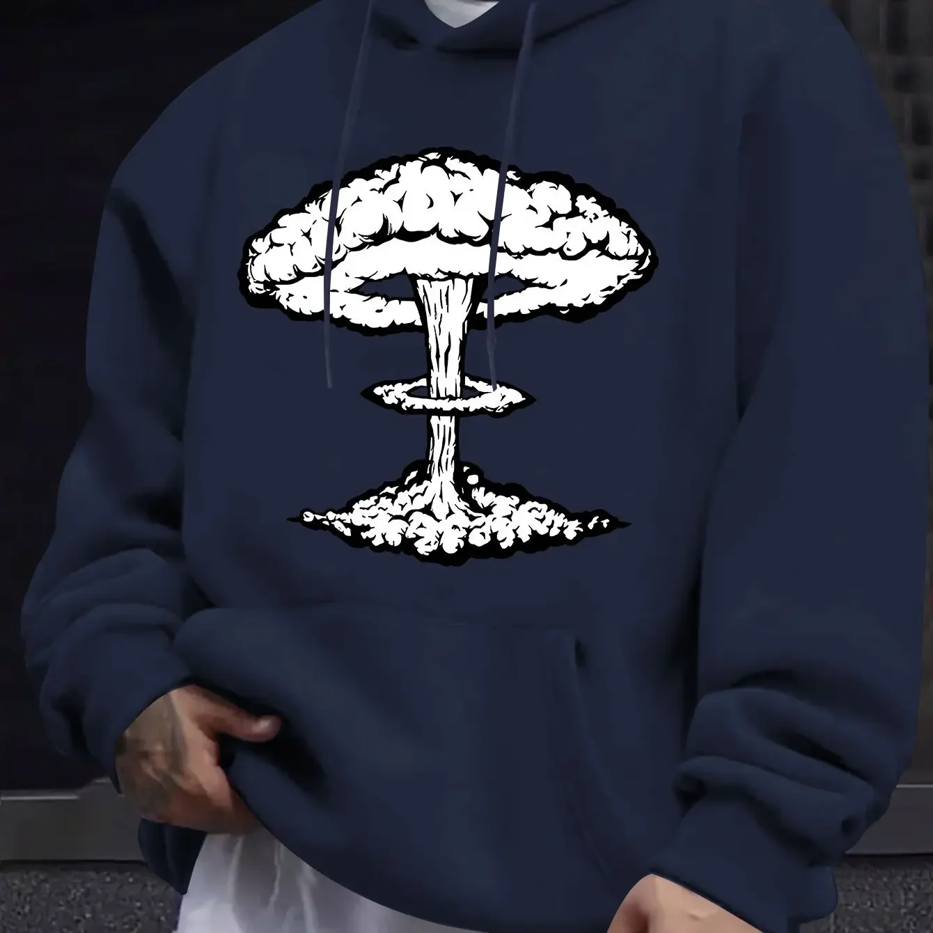 American And European Styl Men'SAutumnWinterPrint Hoodie Long Sleeve Sweatshirt Mushroom Cloud Explosion Print Hooded Sweatshirt