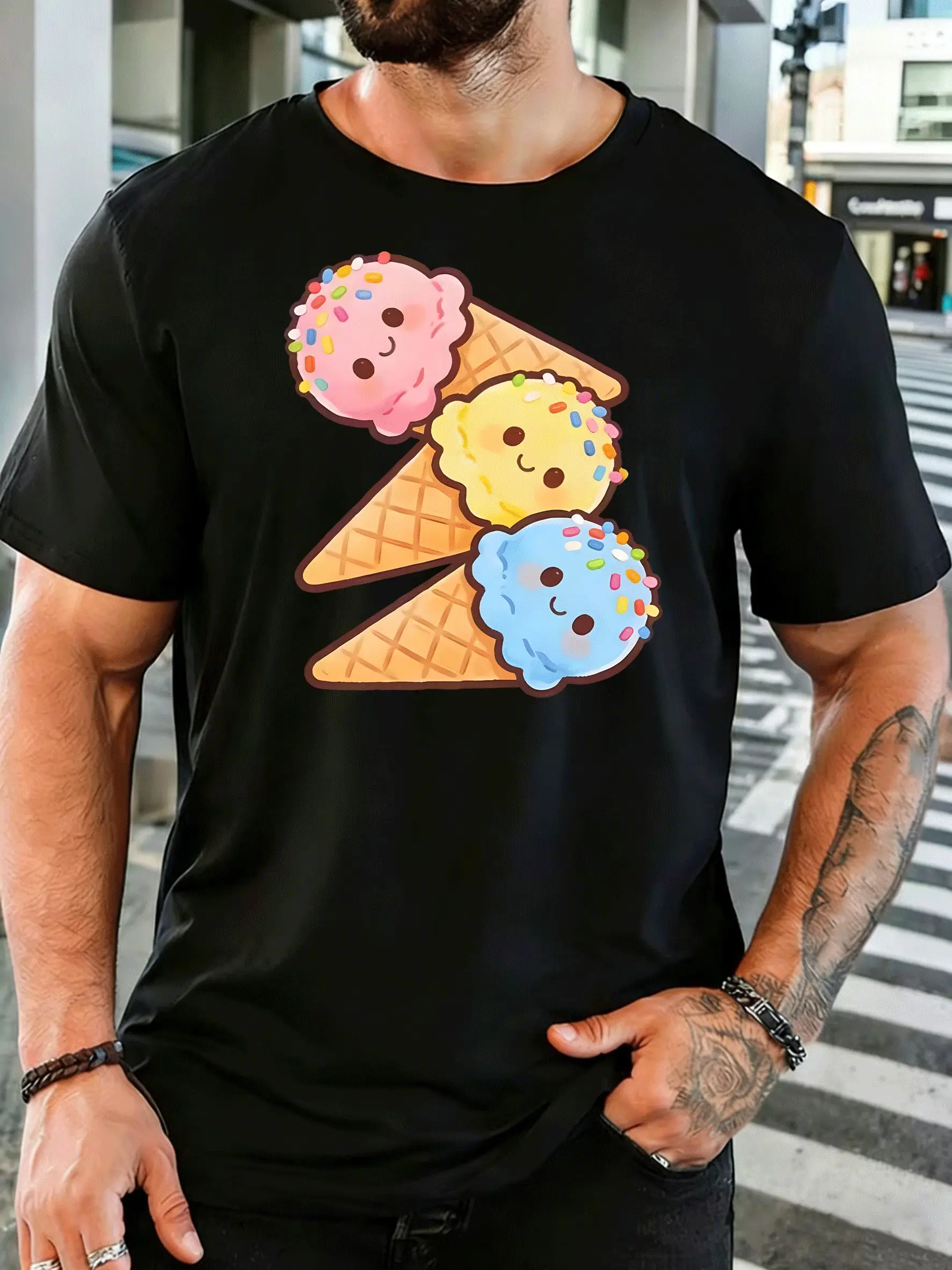 Cute Smiley Ice Cream Cone Mens Front Print T Shirt Sweet Summer Dessert Cartoon Graphic Tee Casual Short Sleeve Food Fan Gift
