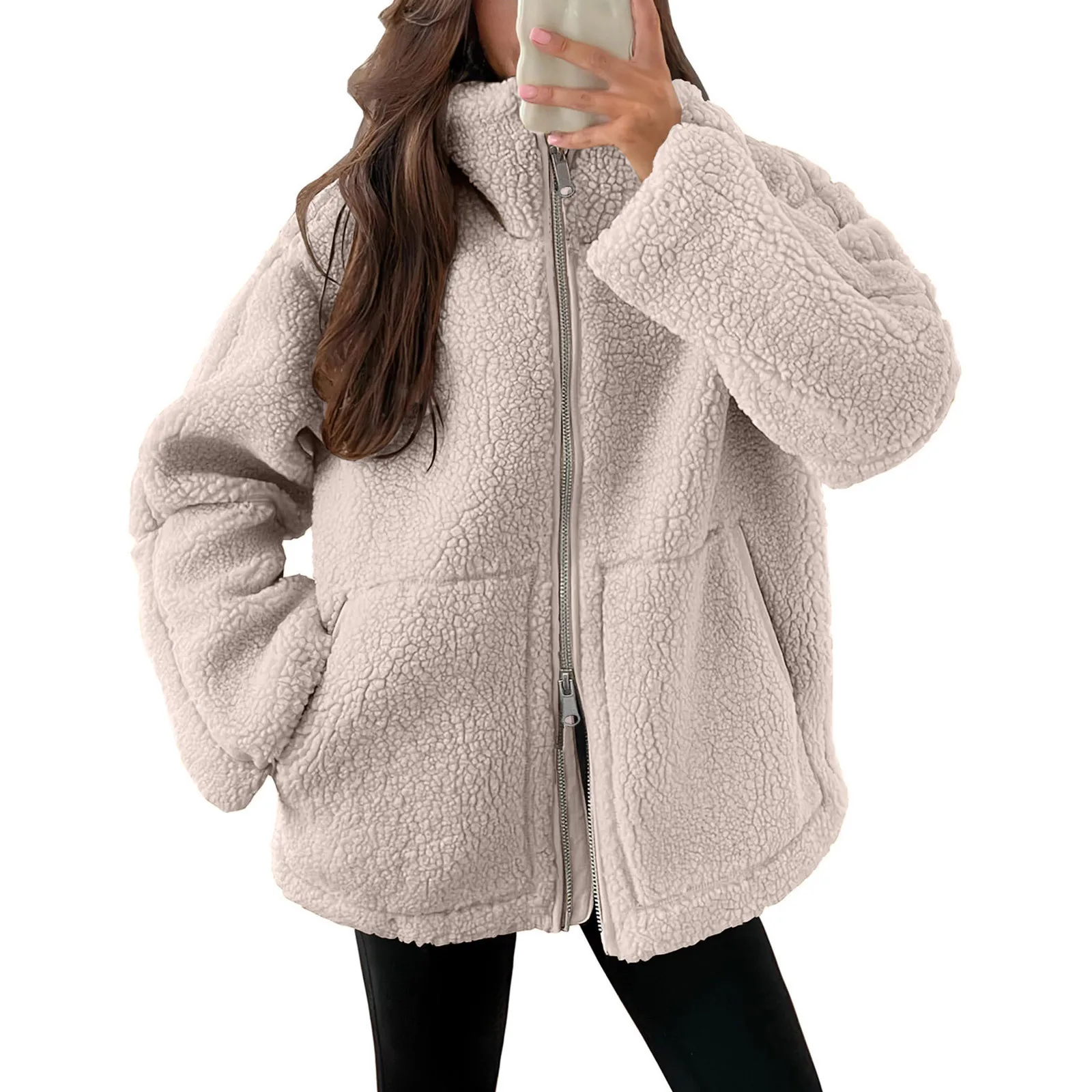 Autumn Winter Women High Collar Plush Jacket Large Pocket Solid Color Cozy Coat  Sleeve Regular Type Velvet Casual Zipper Jacket