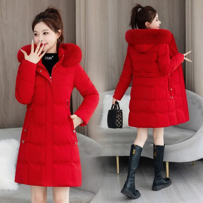 Europe States Large Size Large Collar New Winter Coat in The Long Hooded Cotton-padded Waist Rope Thin Thick Cotton-padded Women