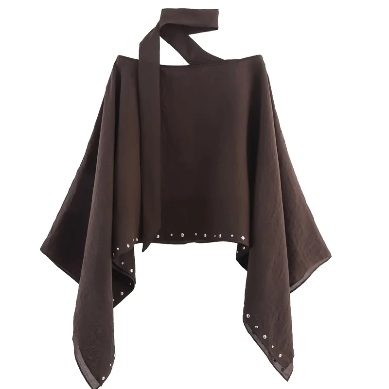 HXAO Women's Scarf Cape Autumn Cloak Short Cape Top Studded Wide Sleeve Brown Cape Cloaks Of Woman Asymmetrical Loose Capes