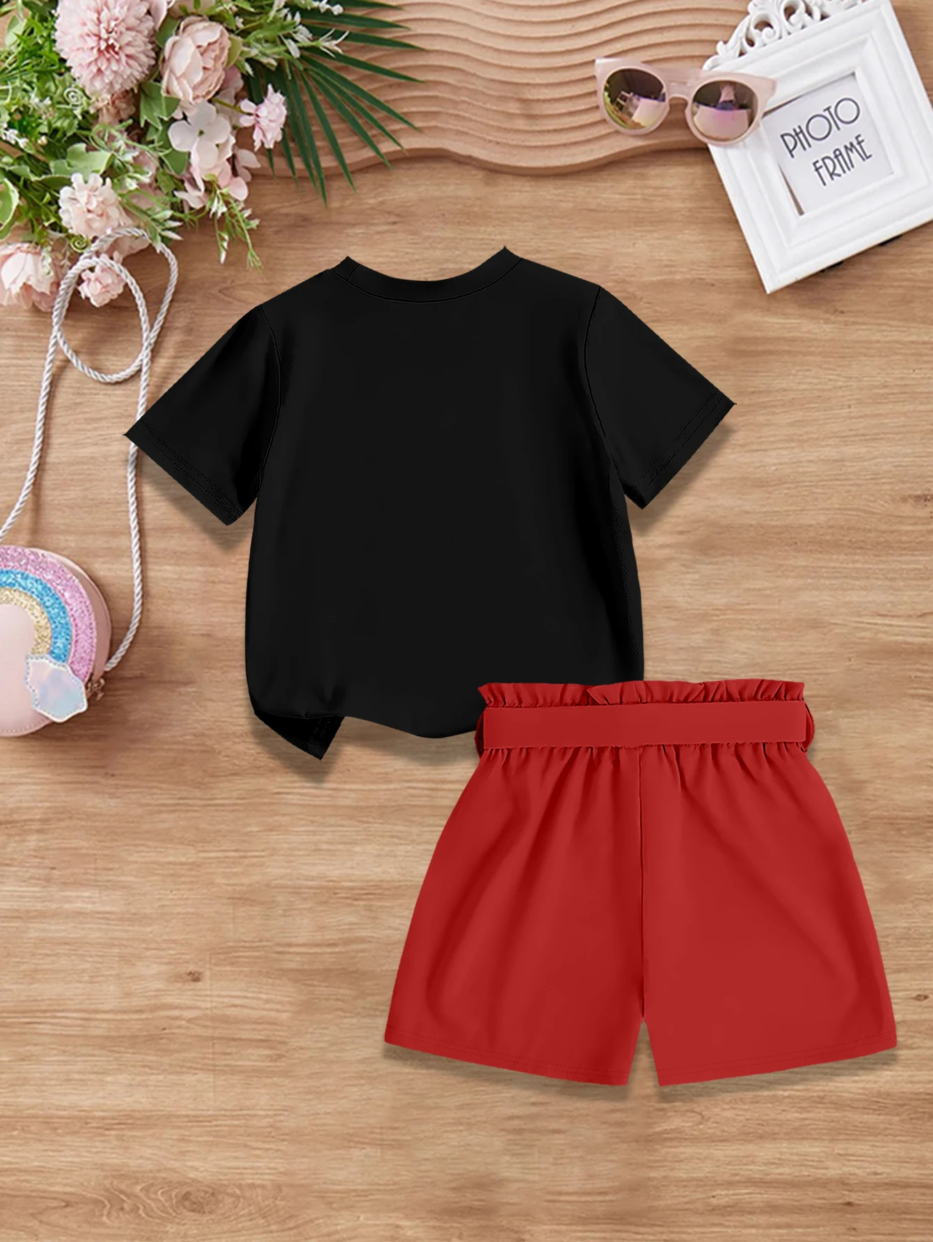 2 pieces: Summer Girls Sweet Cute Outfit Cartoon Laser Cherry Print T-shirt + Woven Bow Shorts