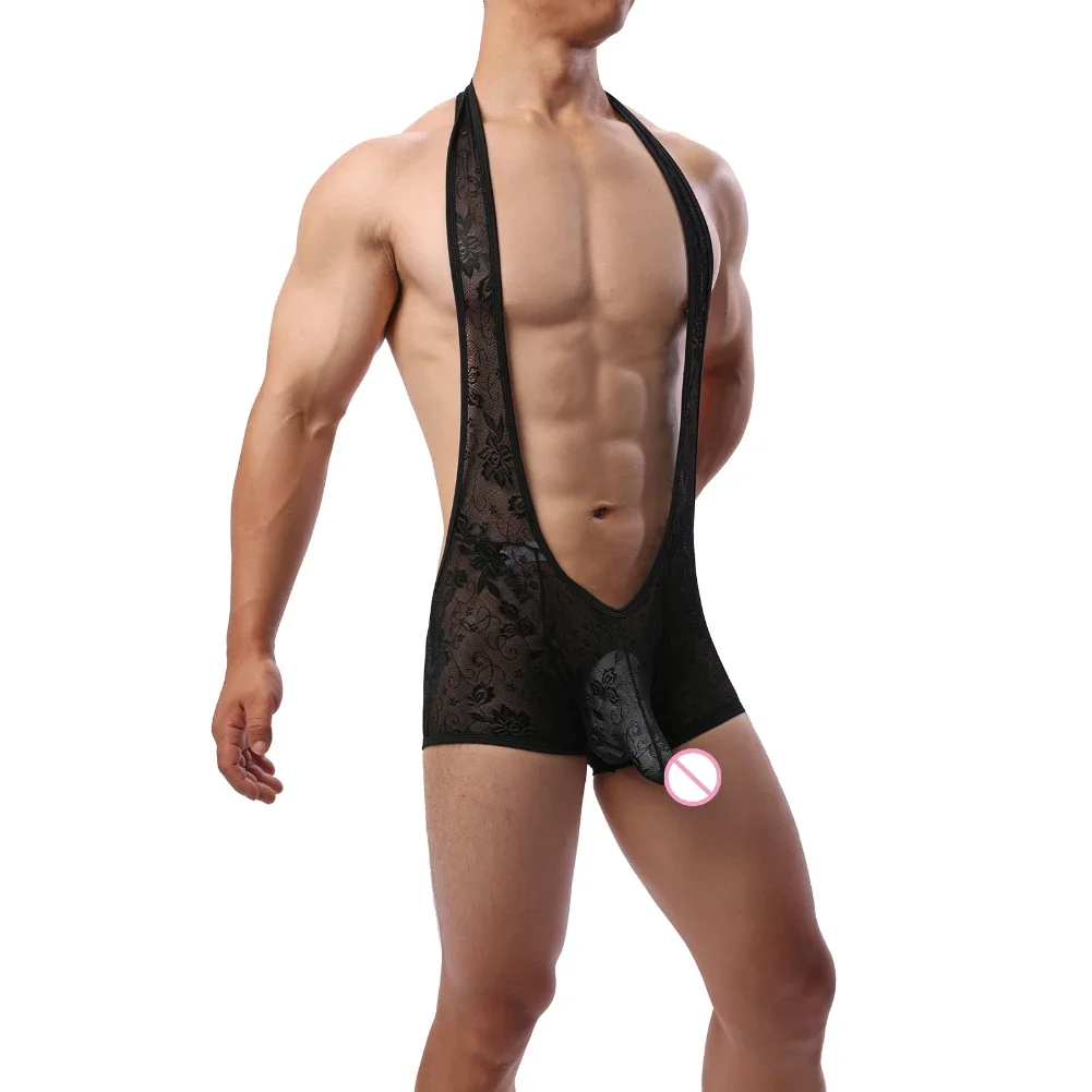 

Men Bodysuit Sexy Underwear Boxer Briefs Lace Lingerie Jumpsuit Jock Strap Pouch Panties Gay Tempt Catsuit Buttocks Hollow Porno