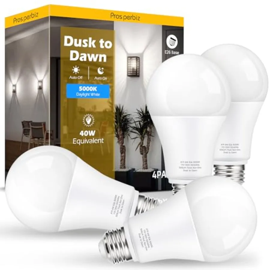 Dusk to Dawn LED Outdoor Light Bulbs 40W Equivalent, A19 Automatic On/Off Sensor Light Bulb Daylight 5000K, Dusk to Dawn Light