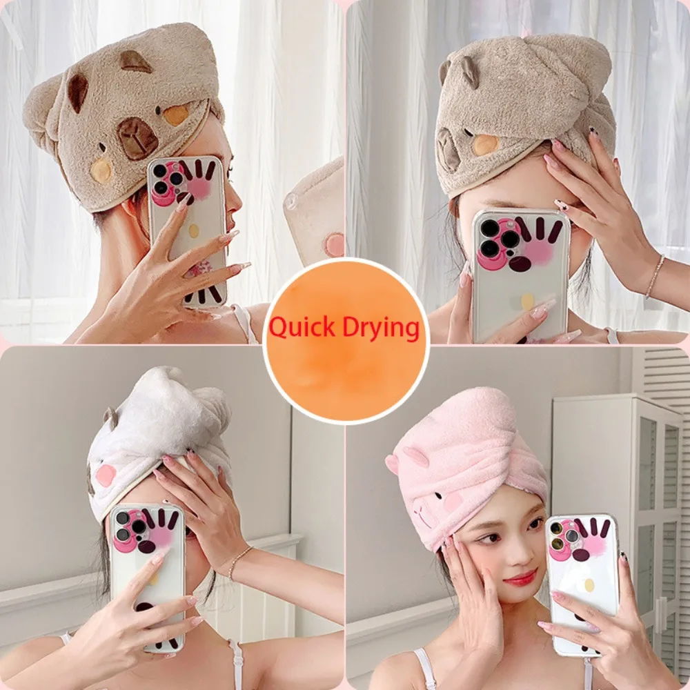 2024 Coral Velvet Dry Hair Cap Capybara Quick Drying Bathing Cap Cartoon Head Wrap Scarf Bathroom Supplies