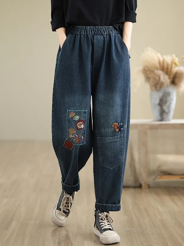 

Faionable Embroidered Waed Denim Jeans Loose Waist Casual Harlan Pants Old Dad Pants plus Size Women's Clothing