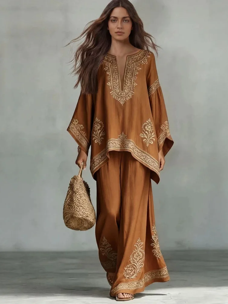 Damen 2-Teiliges Passendes Set, 2026 Neues Herbst-Print-Oberteil mit Rundhalsausschnitt & Weite Hose, Elegantes Lässiges Outfit für Frauen