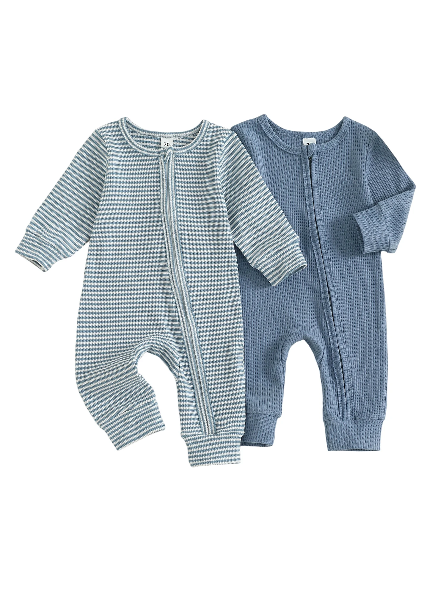 

Adorable Infant Boy Autumn Overalls Stylish Striped Solid Tone Crew Neck Full Sleeve Zip-Up Playsuits for Fall Season