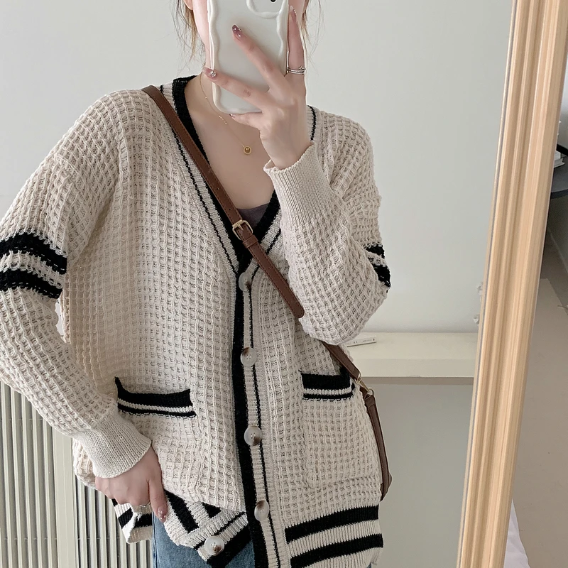 

Lazy Sle V-Ne Вязаный свитер Пальто маленького размера Свободный длинный свек Полиэфирное волокно Sweet Sle Four Seasons Универсальный