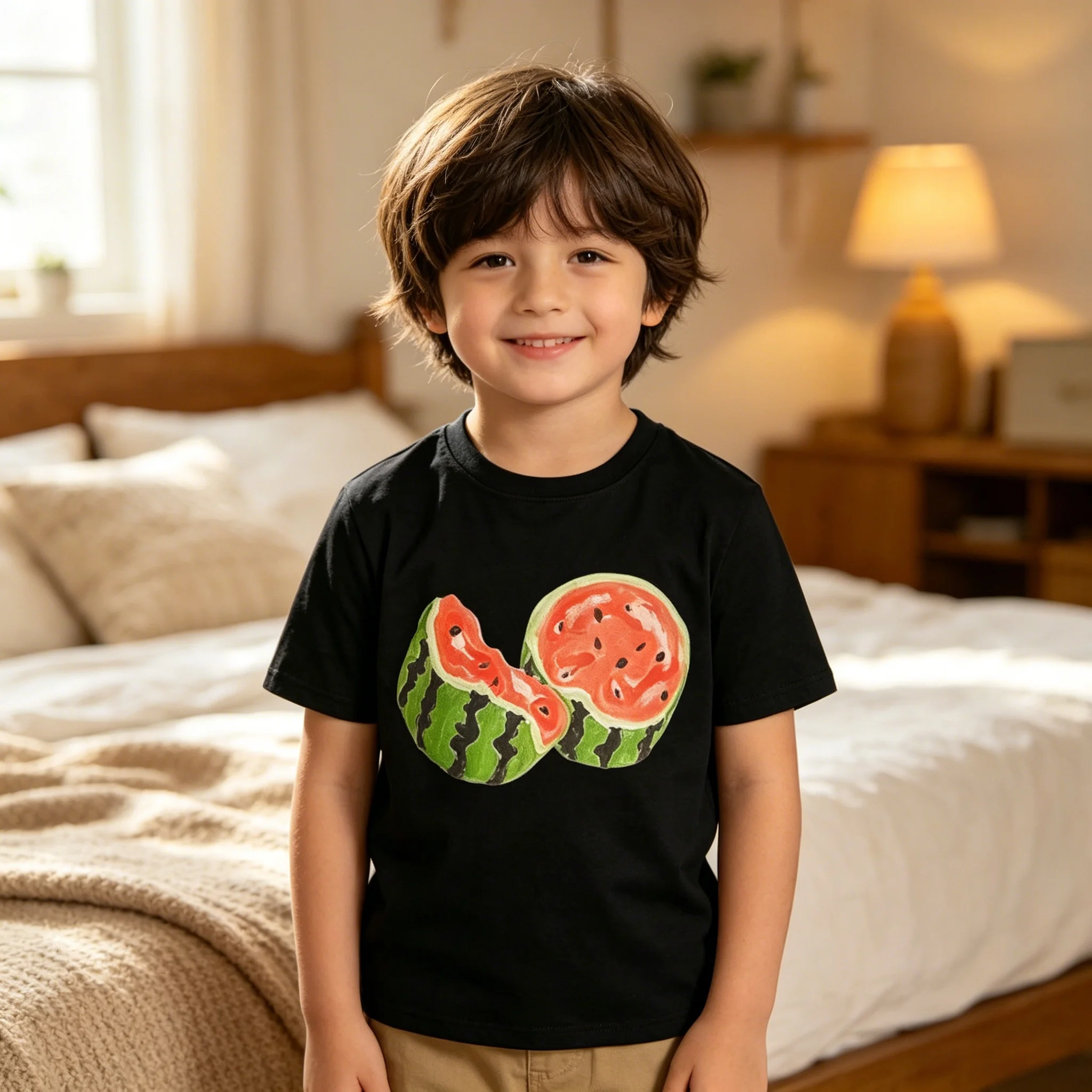 Watermelon Print Kids T-Shirt Summer Beach Vacation Casual Daily Wear Party Outfit Soft Cotton Machine Washable
