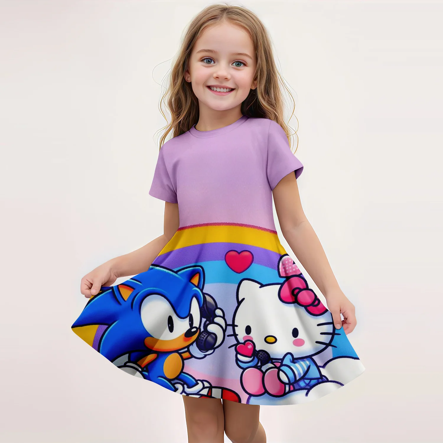 MINISO New Girls Summer Dress Fashion Cartoon Cute Hello Kitty & Friend 3D Print Dresses Girls Short Sleeve Princess Clothing