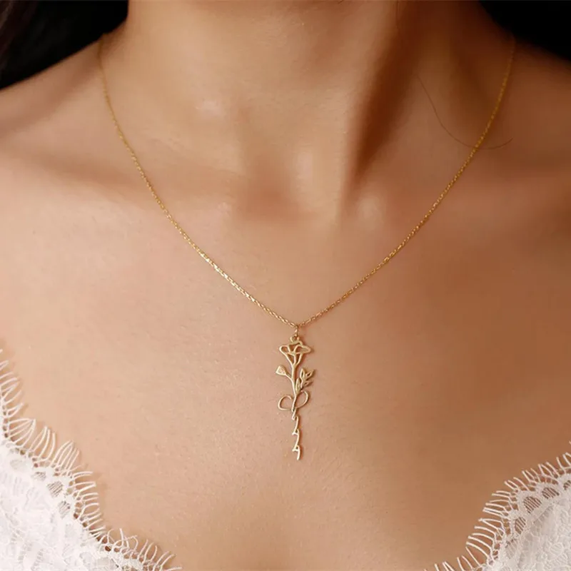 Name Halskette mit Geburts blume benutzer definierte Geburts monat Blume Edelstahl Blumen name Halskette minimalist ischen Schmuck Geschenk für sie – Detail 10