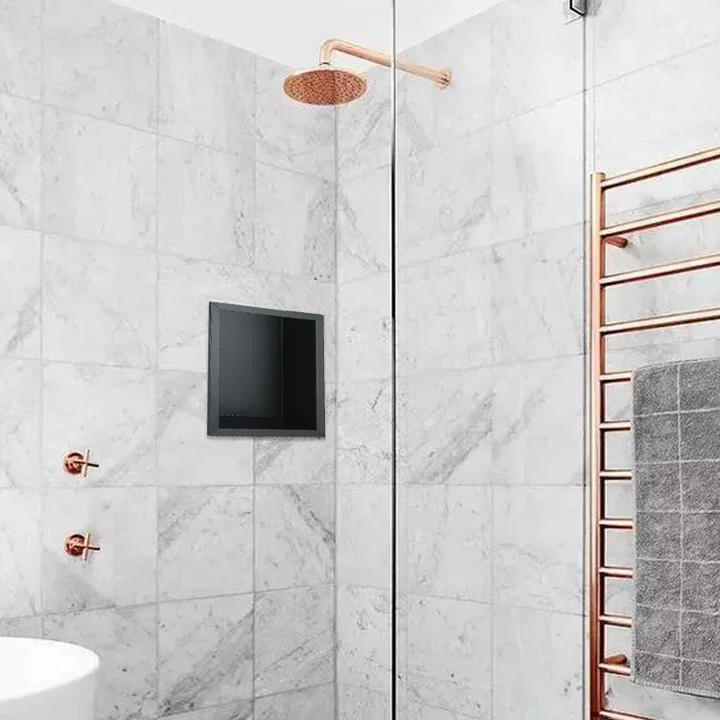 

embedded wall-type shelves, buried-wall shower room, concealed storage cabinet bath