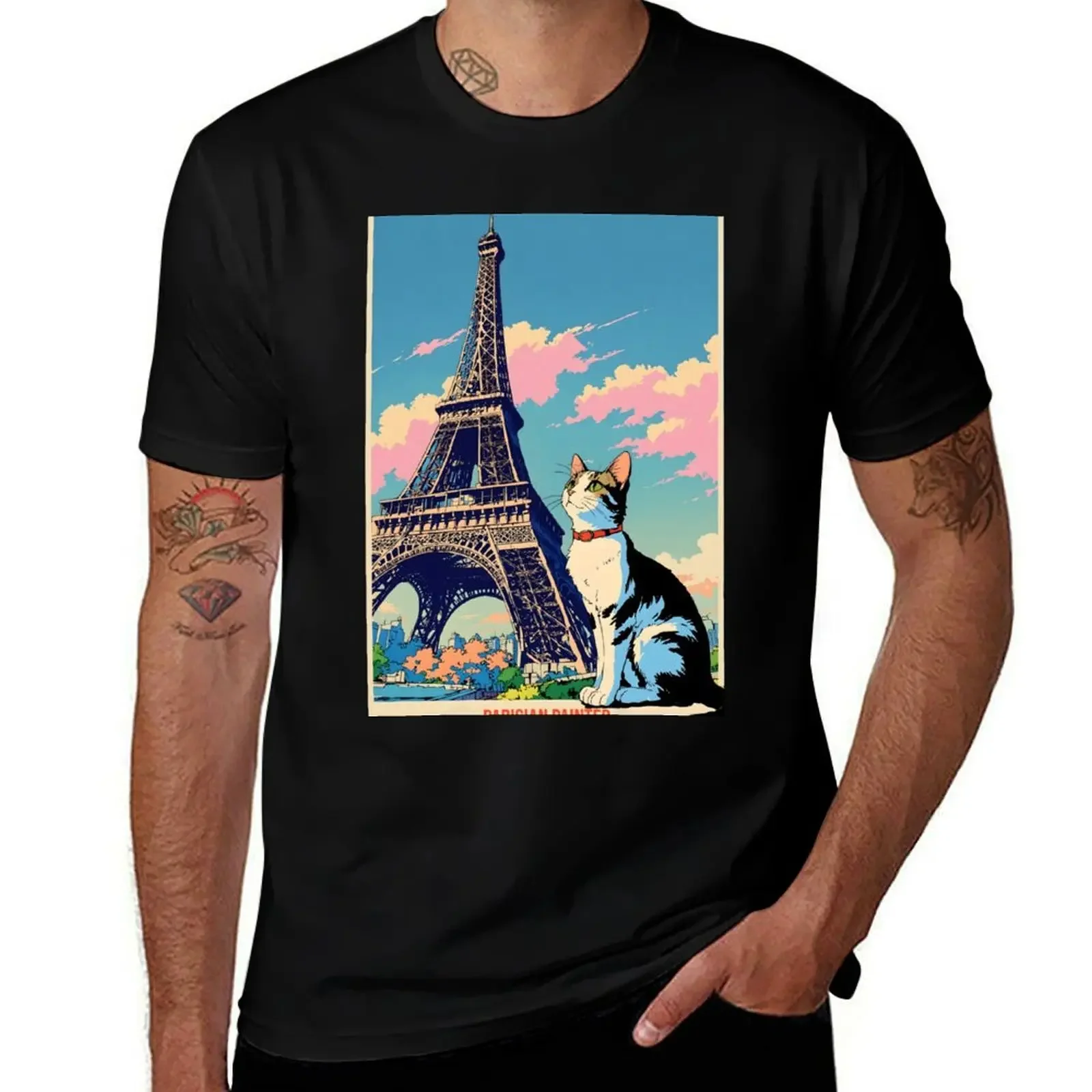 

Parisian Painter Cat Design - Vintage Travel Poster Art for Cat & Paris Lovers T-Shirt funny gifts mens vintage t shirts