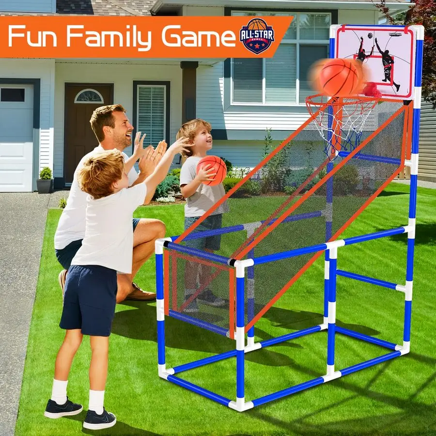 مجموعة ألعاب كرة السلة الداخلية، طوق أركيد كرة السلة بارتفاع قابل للتعديل مع مضخة 4 كرات أمبير، قاعدة طلقة واحدة للاستخدام الداخلي والخارجي